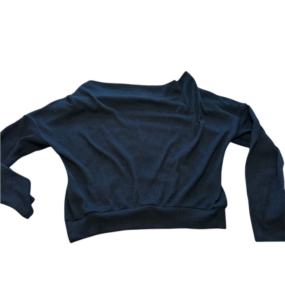 Anthropologie Maeve Navy Ribbed Long Sleeve Off Shoulder Blouse XSP - Picture 2 of 7